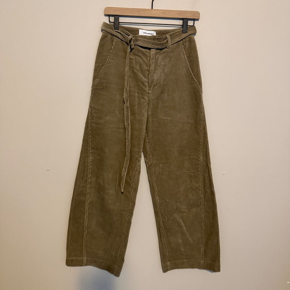 SIMPLE PROJECT Pants XS Brown Corduroy Barrel Wide Leg Belted Unisex minimalist